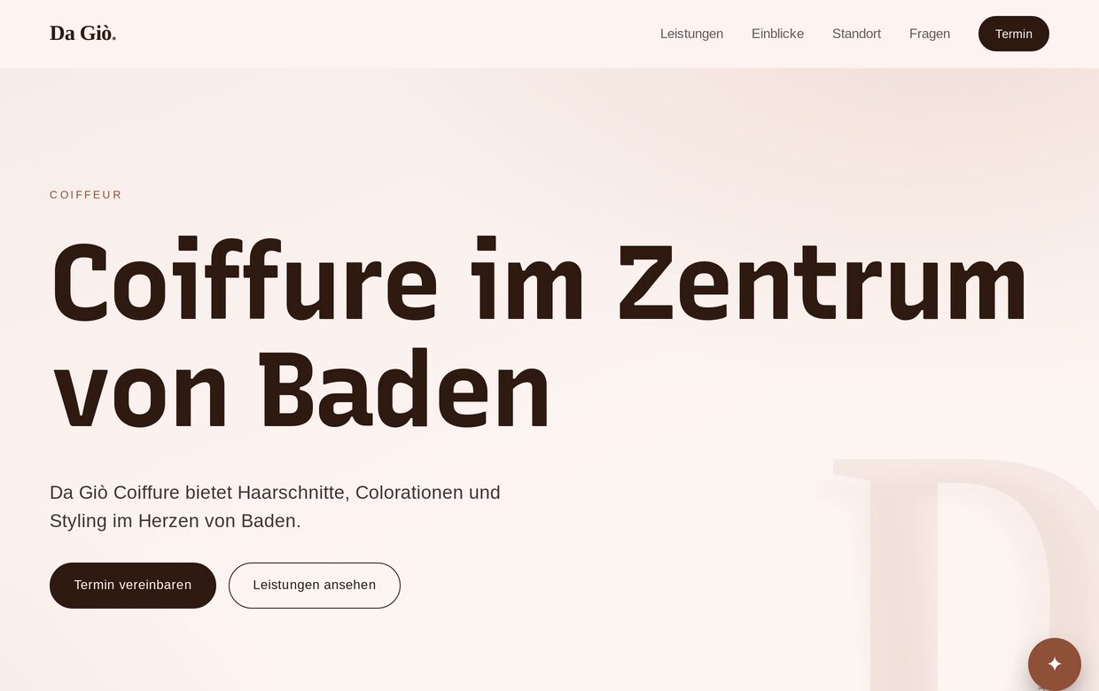 Beispiel einer von vf-services gebauten Website: Coiffeur Da Giò in Baden, Startseite mit Online-Terminbuchung.